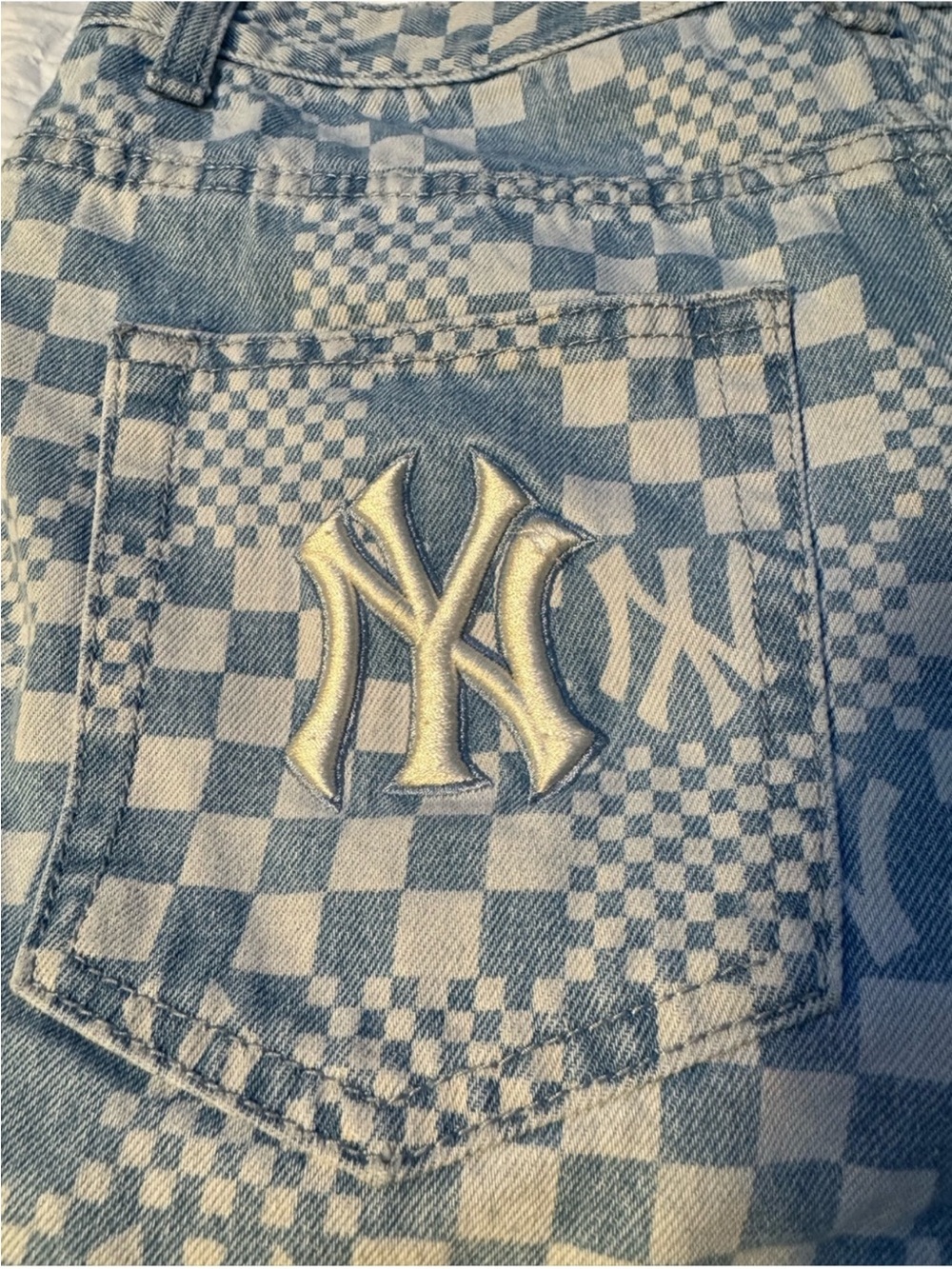 MLB Korea New York Yankees Checkerboard Denim Shorts - Women’s S Y2K Inspired - Picture 7 of 14